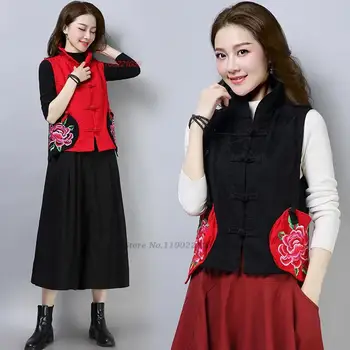 2024 m. kinijos vintage liemenė nacionalinės gėlių siuvinėjimas medvilnės skalbiniai liemenė tradicinių retro stovėti apykaklės hanfu vest tango kostiumas