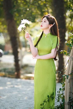 Tradicinė Žalia Cheongsam Moterų Trumpomis Rankovėmis Qipao Kinų Stiliaus Kasdien Suknelė Plonas Seksualus Qi Pao Vestidos