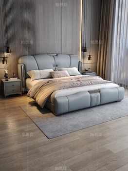 Italijos šviesos prabangus odinis lova modern paprasta dvigulė lova atmosferos saugojimo vestuvių lova, miegamojo didelė lova