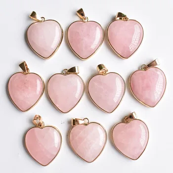 didmeninė 10vnt/daug geros kokybės natūralaus akmens rožės kvarco aukso spalvos šoniniai širdies formos pakabučiai 25mm papuošalai padaryti nemokamai