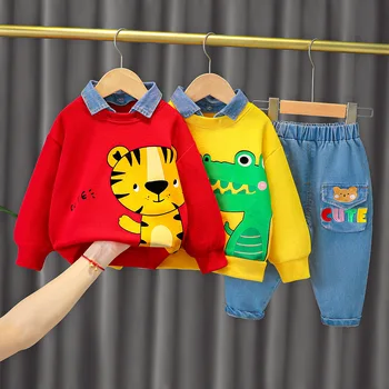 Berniuko rūbai 0-4 metų pavasarį ir rudenį ilgomis rankovėmis kostiumas berniukas animaciją atvartas medvilnės megztinis + džinsai baby 2-piece set
