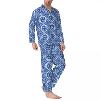 Mėlyna Baroko Gėlių Pižama Nustatyti Rudens Retro Bohemijos Spausdinti Patogiai Namuose Sleepwear Vyras Dviejų Dalių Derliaus Negabaritinių Naktiniai Drabužiai