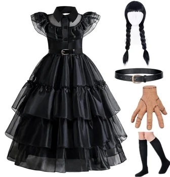 Trečiadienis Addams Suknelė Black Dress Up Kostiumas Helovyno Cosplay Šalis Suknelė Perukas Diržas, Kojinės Kostiumų Komplektus Apdaila