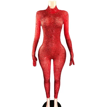 Sparkly Raudona Cirkonio Jumpsuit Pirštinės Moterims Švęsti Gimtadienį Apranga Seksualus Fotosesiją Veiklos Kostiumas Dėvėti Etapas