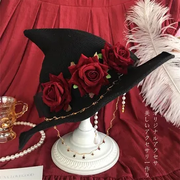 Retro Lolita Ragana Skrybėlę Helovinas Kostiumas Gotikos Stebuklinga Mergaitė Skrybėlę Maskuotis Rose Didelis Lankas Wizard Hat Cosplay Reikmenys Naujas