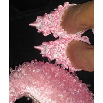 Rausvos spalvos, Raukiniai Crystal Bow Mazgas Siurbliai Slingback Nurodė Toe Bateliai Moterims Ploni Aukšti Kulniukai Sexy Batai 2023 Zapatos Para Mujere
