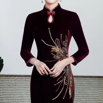 Veliūras Moterų Cheongsam Klasikinis Tradicinis Mandarinų Apykaklės Ilgai Qipao Kinų Suknelė Exquisiter China Karoliukai Vestidos 6XL