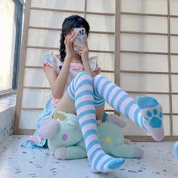 Katės Letena Spausdinimo Ilgai Stripe Socks Žavinga Anime Aukštakulniais Per Kelio Moteris, Mergina Cosplay Studentų Kawaii Lolita Medvilnės Kojinės