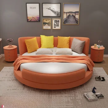 Didelis ouble modernus minimalistinio audinio princesė gulėti apvali lova mažas butas