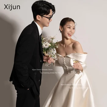 Xijun Paprastas Baltas Satino Vestuvių Suknelės Rankovės Nuo Peties-Line Vestuvinės Suknelės Už Korėjos Vestuvės Suknelės Mygtukai