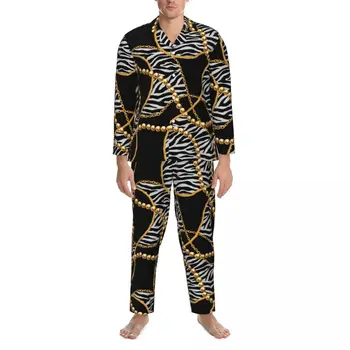 Aukso Grandinės Sleepwear Pavasario Zebras Spausdinti Atsitiktinis Negabaritinių Pižama Nustatyti Vyrai Ilgomis Rankovėmis Romantiškas Miegamasis Užsakymą Naktiniai Drabužiai