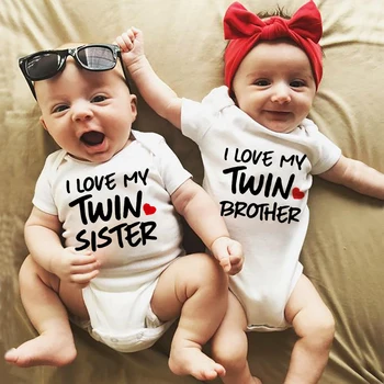 Man Patinka Mano Twin Sesuo ir Brolis Bamblys Kūdikiams trumpomis Rankovėmis Romper Naujas Gimęs Kūdikis Daiktų, Drabužių Jumpsuit Apranga Infit Dvyniai Dovana