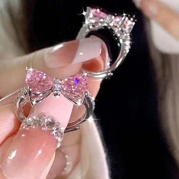 Mielas Princesė Pink Žiedas Reguliuojamas Bowknot Žiedas Saldus Ins Stiliaus Deimanto Žiedas Papuošalai Moterims Gimtadienio Dovana Priedai